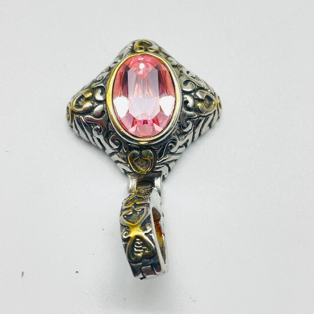 Signed John Candice Pink Crystal Pendant Silver Tone Filigree Vintage Charm Gift - Picture 3 of 7
